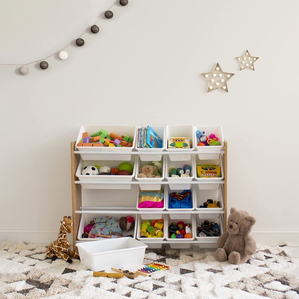 Ginger Home Organizator din lemn Wood Alb pentru jucarii si carticu 16 cutii de depozitare din plastic interschimbabile de diferite dimensiuniutilizare camera copiigradiniteafterschool