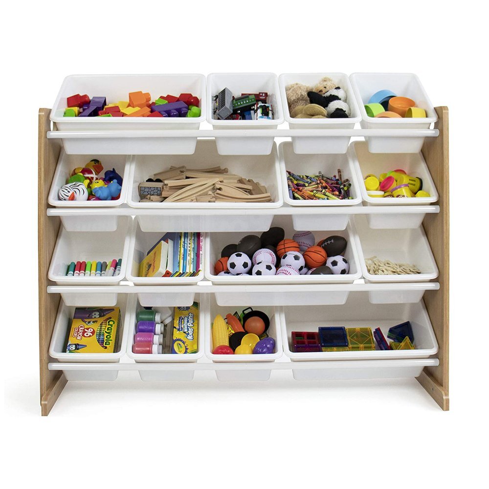 Ginger Home Organizator din lemn Wood Alb pentru jucarii si carticu 16 cutii de depozitare din plastic interschimbabile de diferite dimensiuniutilizare camera copiigradiniteafterschool