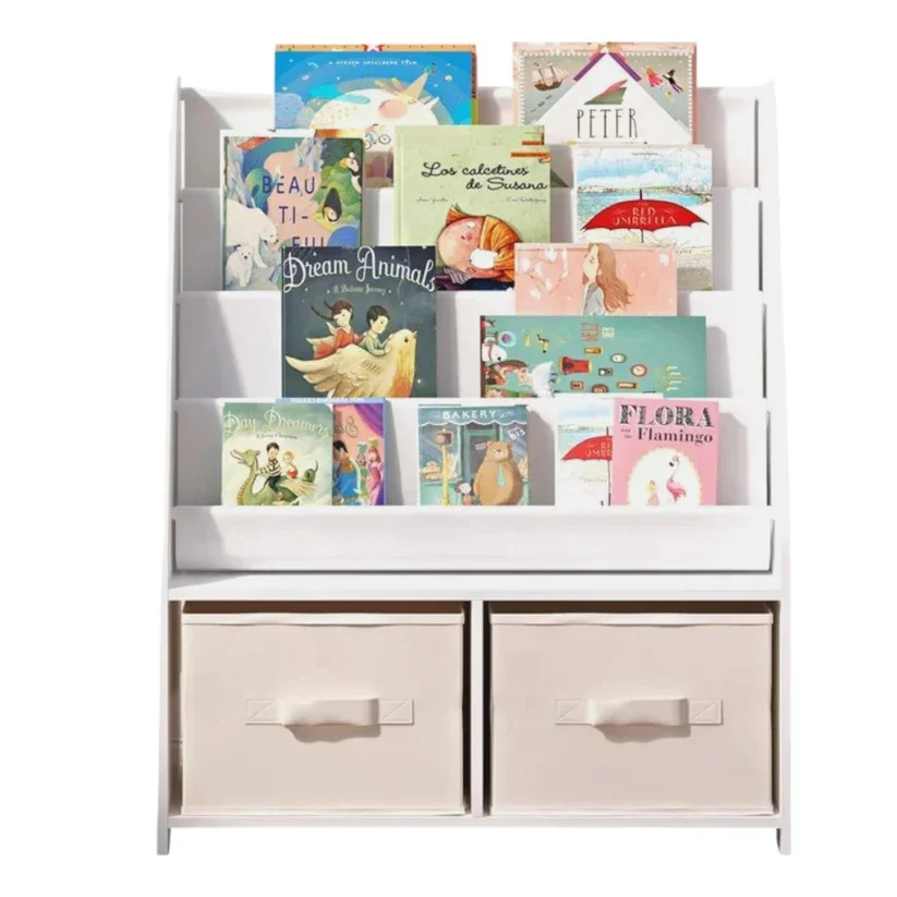 Ginger Home Organizator pentru copii 2in1 Montessori Alb cu raft pentru carti si jucarii2 cutii depozitare dimensiune 70x30x85 cm