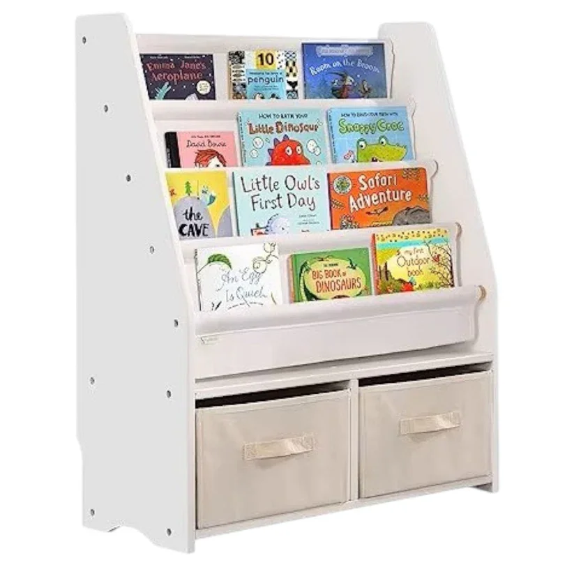 Ginger Home Organizator pentru copii 2in1 Montessori Alb cu raft pentru carti si jucarii2 cutii depozitare dimensiune 70x30x85 cm