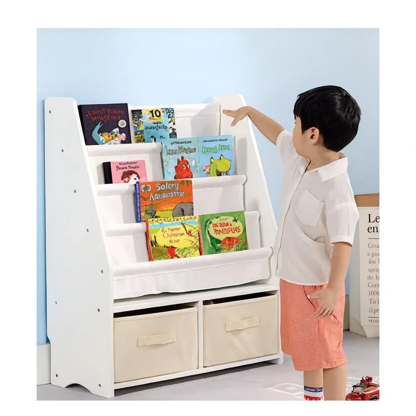 Ginger Home Organizator pentru copii 2in1 Montessori Alb cu raft pentru carti si jucarii2 cutii depozitare dimensiune 70x30x85 cm
