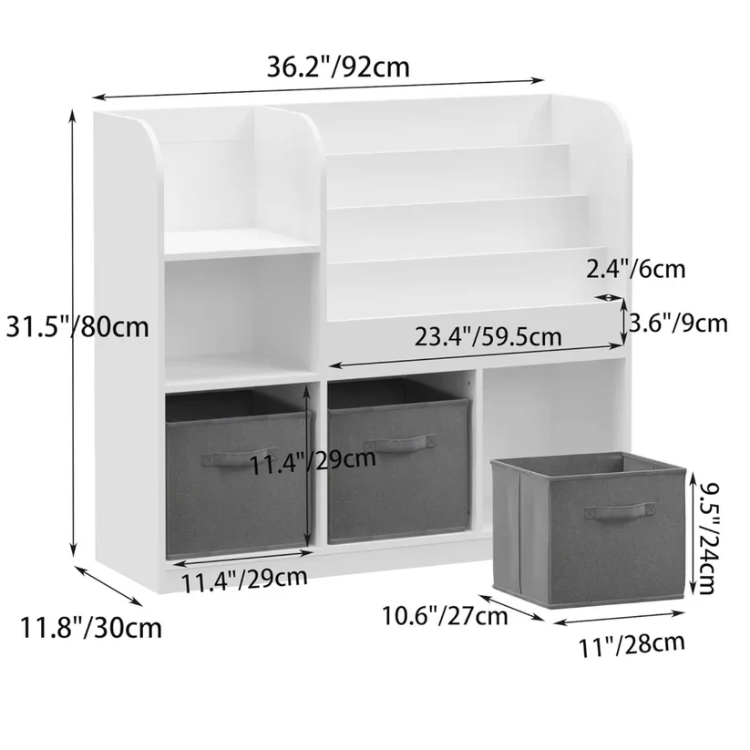 Ginger Home Organizator pentru jucarii si carti Montessori Alb cu 3 cutii4 rafturi carti si 2 politerealizat din mdfdimensiune 92x30x80 cm