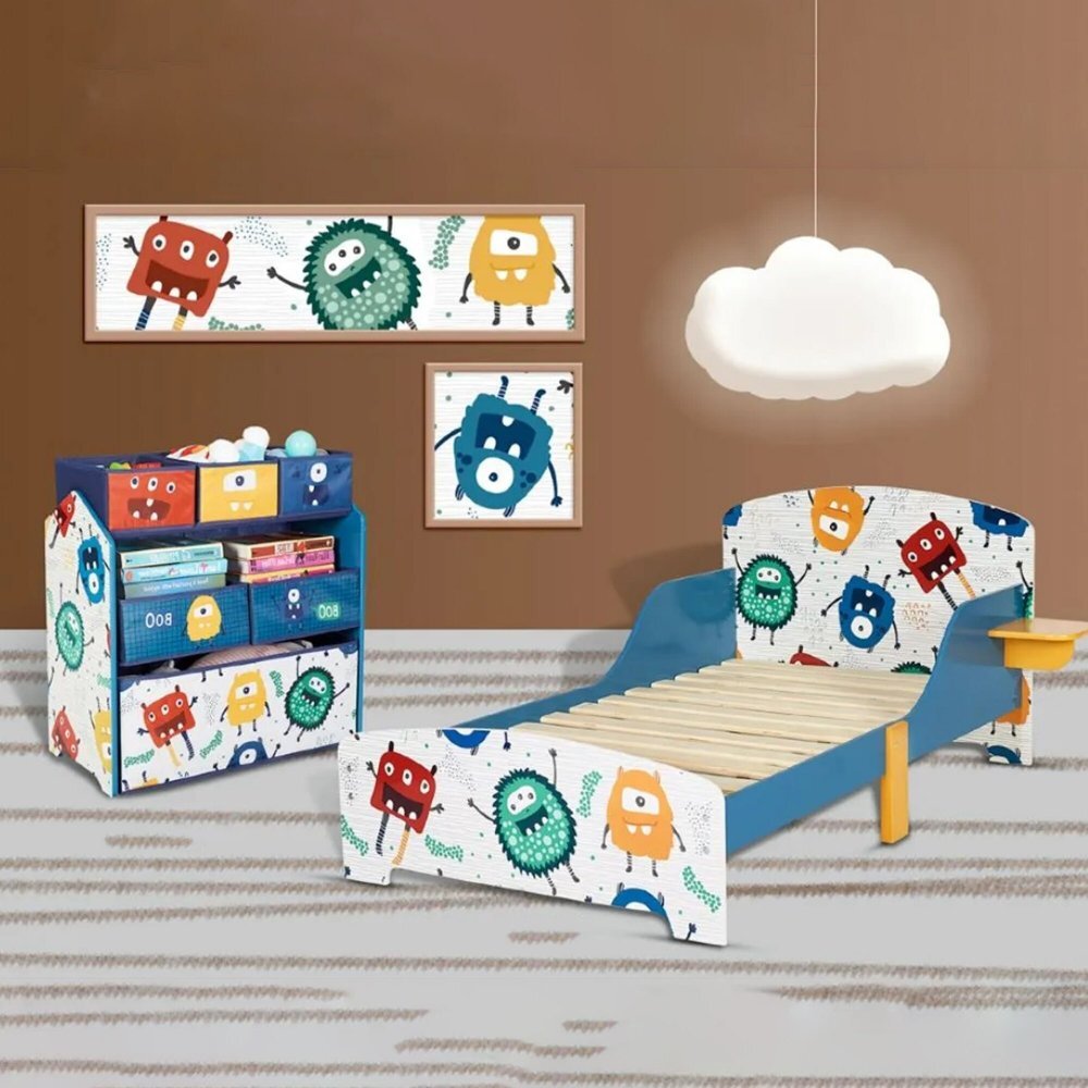 Ginger Home Pat junior din lemn 140x70 cm cu laterale protectie si polita Monster
