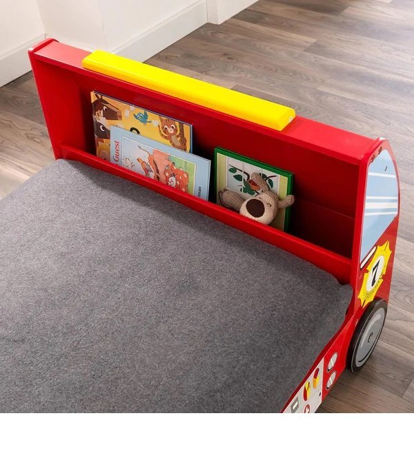 Ginger Home Pat pentru copii din lemn camion de pompieri cu protectii laterale