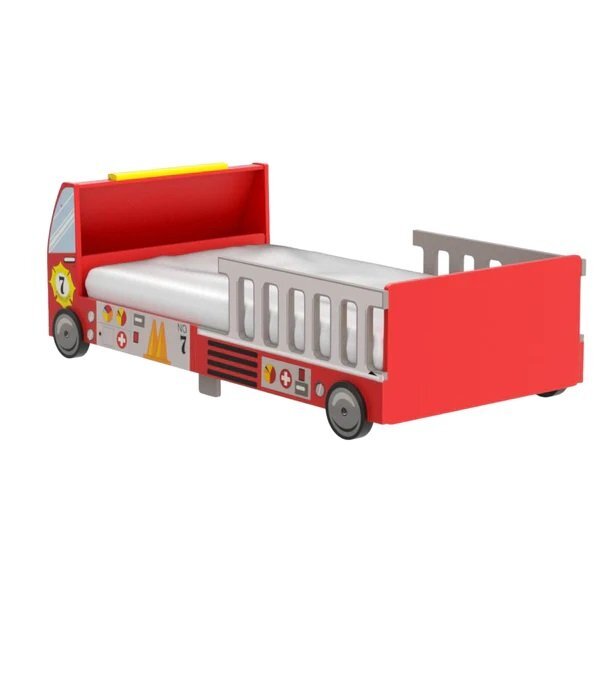 Ginger Home Pat pentru copii din lemn camion de pompieri cu protectii laterale
