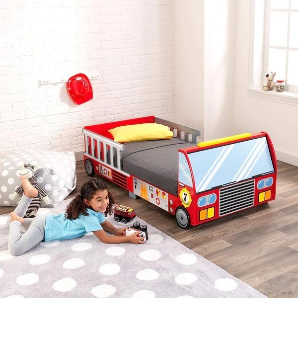 Ginger Home Pat pentru copii din lemn camion de pompieri cu protectii laterale