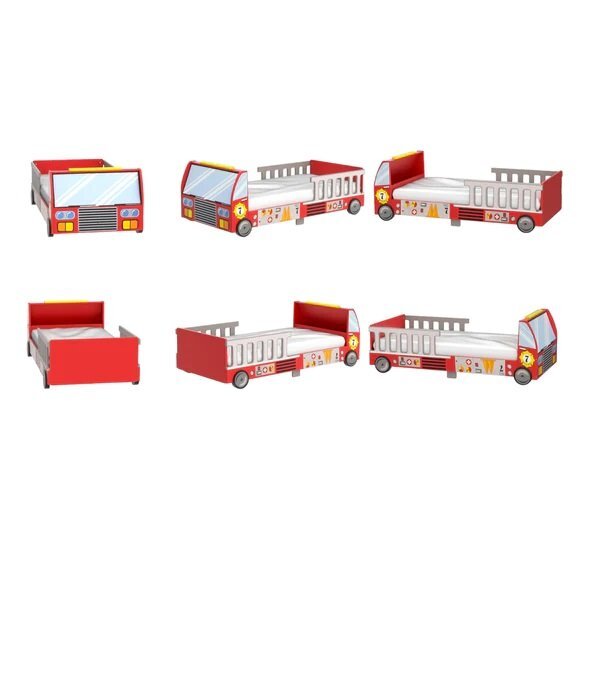 Ginger Home Pat pentru copii din lemn camion de pompieri cu protectii laterale