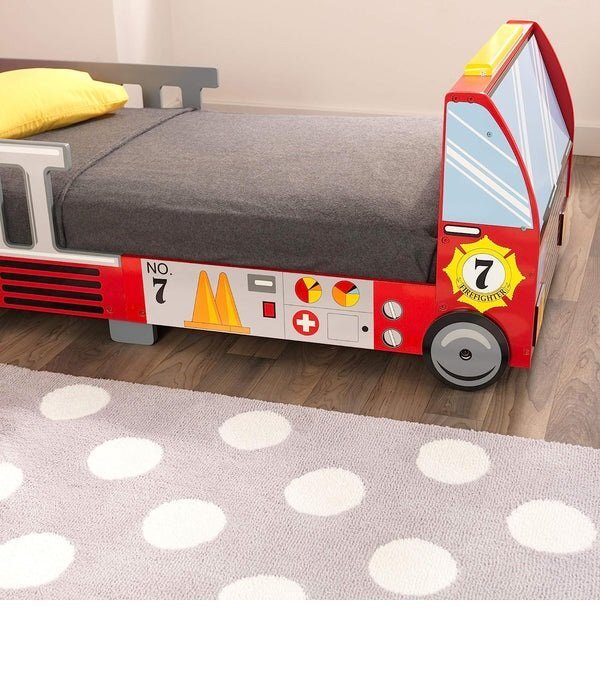 Ginger Home Pat pentru copii din lemn camion de pompieri cu protectii laterale