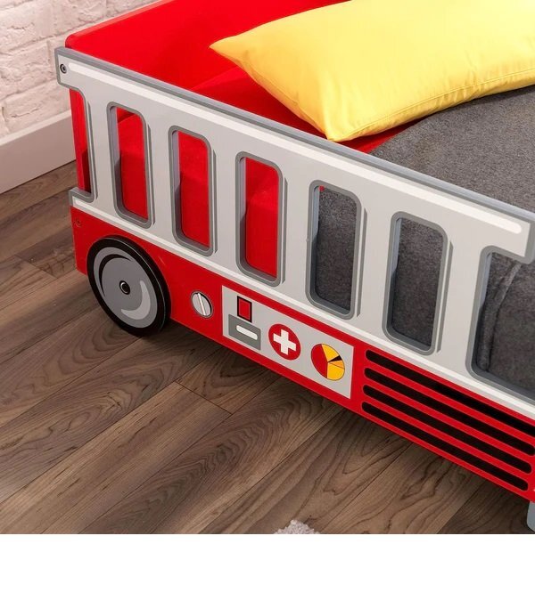 Ginger Home Pat pentru copii din lemn camion de pompieri cu protectii laterale