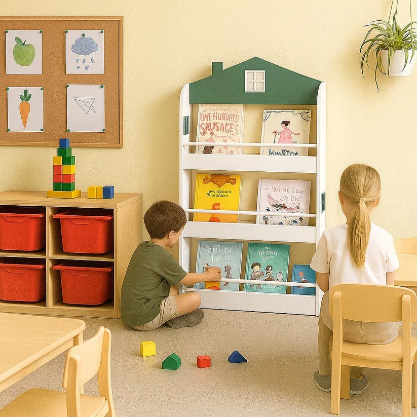 Ginger Home Raft organizator pentru carti si reviste model Casuta Montessori cu 3 rafturirealizat din MDFdimensiune 60x12x106 cm