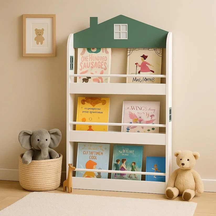 Ginger Home Raft organizator pentru carti si reviste model Casuta Montessori cu 3 rafturirealizat din MDFdimensiune 60x12x106 cm