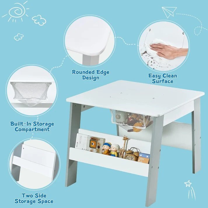 Ginger Home Set masuta cu 2 scaunele din lemn AlbAlbastru cu raft de depozitare cartiblat cu deschidere pentru creioane si accesoriicolturi si margini rotunjitedesign modern si elegantdimensiune masa 60x60x51 cm