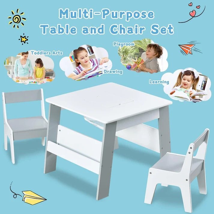 Ginger Home Set masuta cu 2 scaunele din lemn AlbAlbastru cu raft de depozitare cartiblat cu deschidere pentru creioane si accesoriicolturi si margini rotunjitedesign modern si elegantdimensiune masa 60x60x51 cm