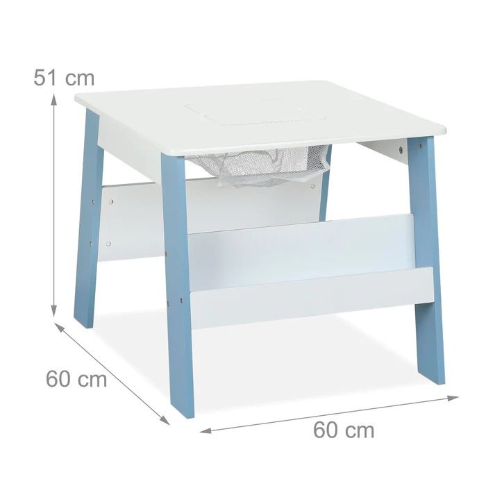 Ginger Home Set masuta cu 2 scaunele din lemn AlbAlbastru cu raft de depozitare cartiblat cu deschidere pentru creioane si accesoriicolturi si margini rotunjitedesign modern si elegantdimensiune masa 60x60x51 cm