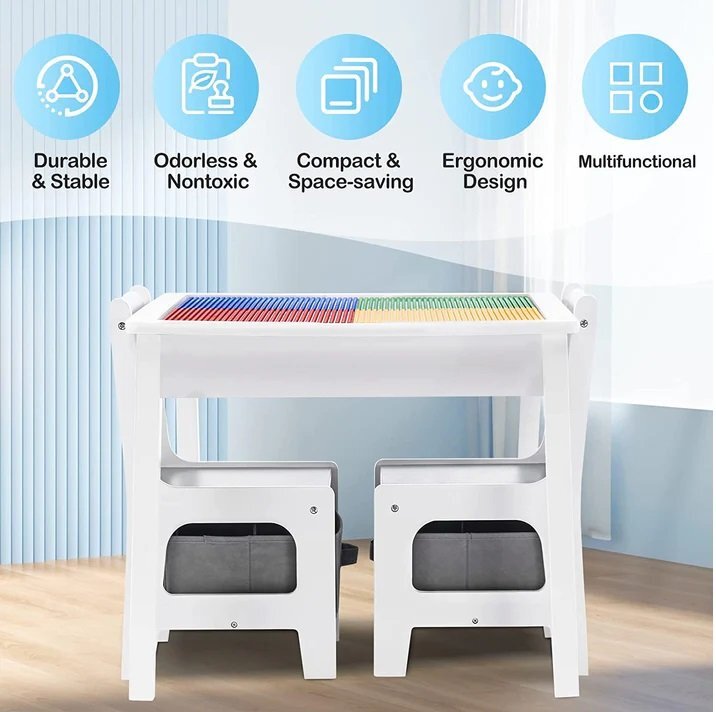 Ginger Home Set masuta cu 2 scaunele din lemn cu spatiu de depozitare si placa pentru constructii LEGO Alb