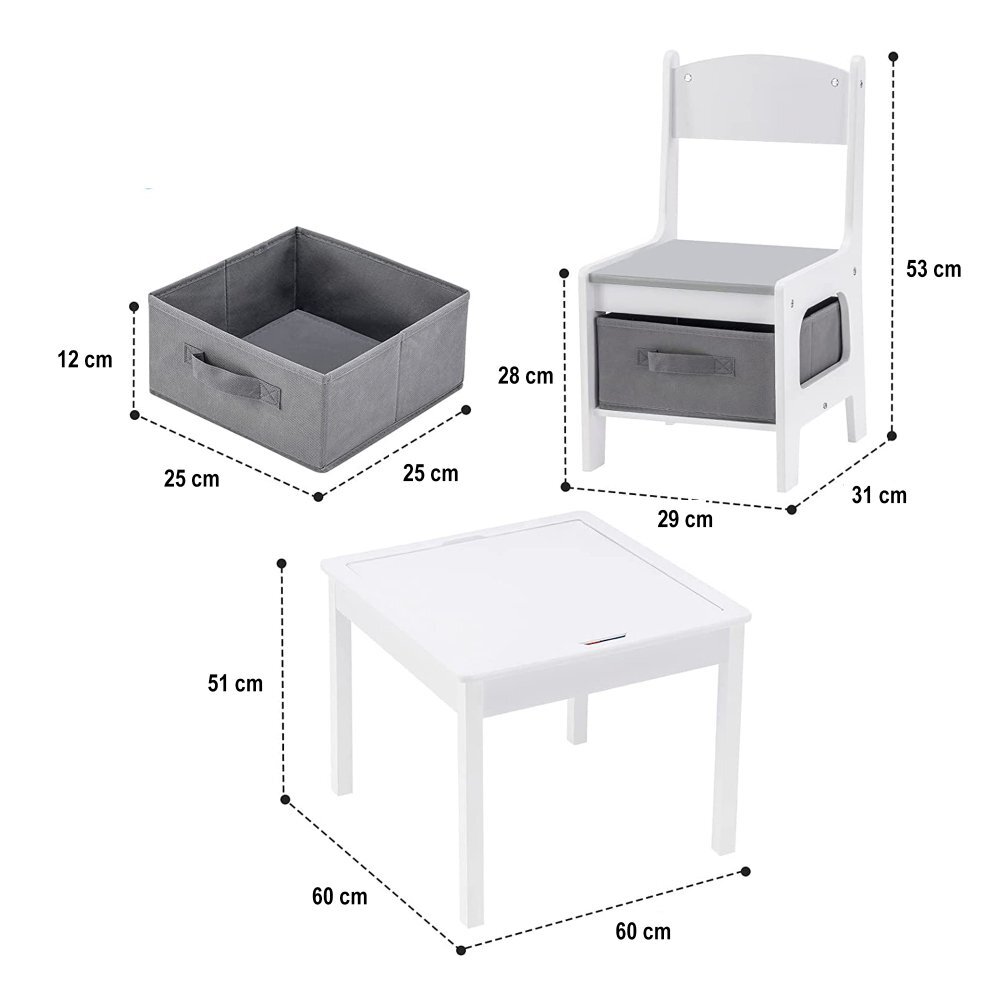Ginger Home Set masuta cu 2 scaunele din lemn cu spatiu de depozitare si placa pentru constructii LEGO Alb