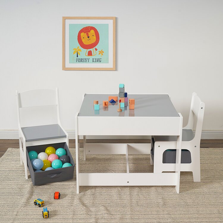Ginger Home Set masuta cu 2 scaunele din lemn cu spatiu de depozitare si tabla AlbGri