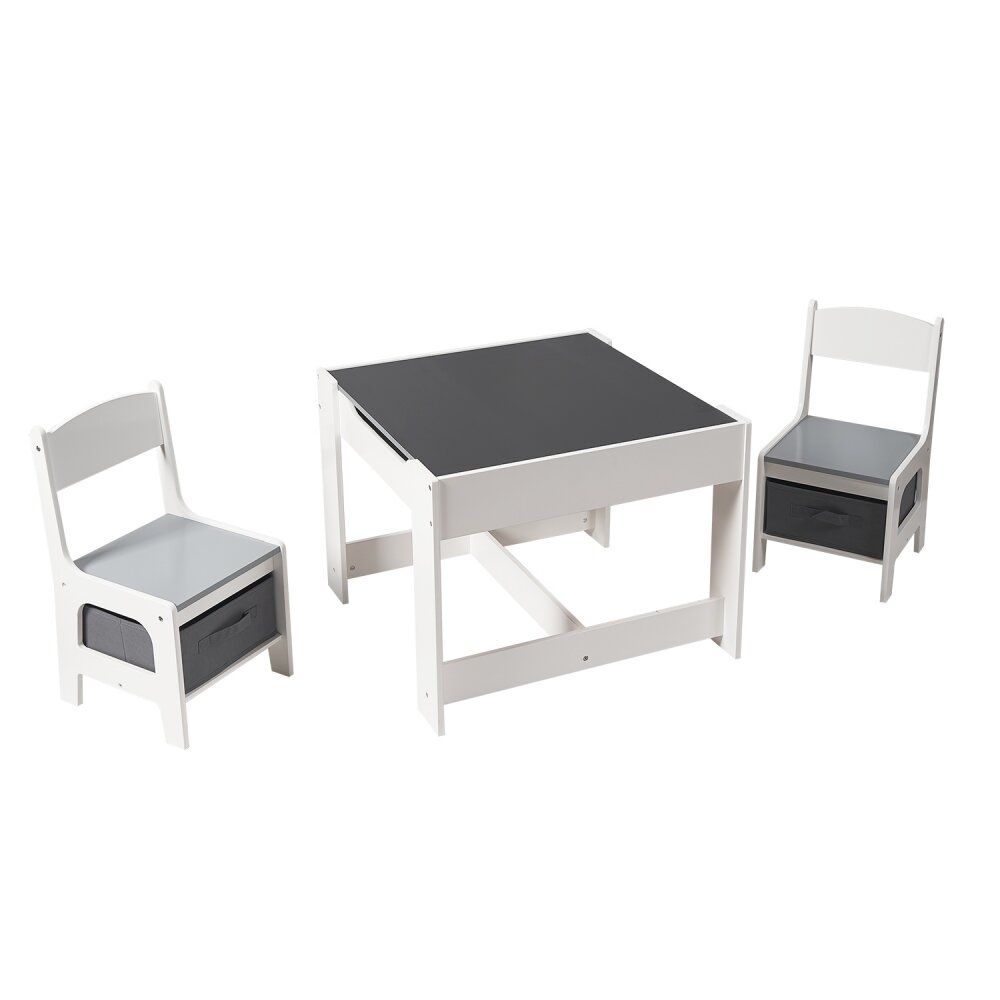 Ginger Home Set masuta cu 2 scaunele din lemn cu spatiu de depozitare si tabla AlbGri