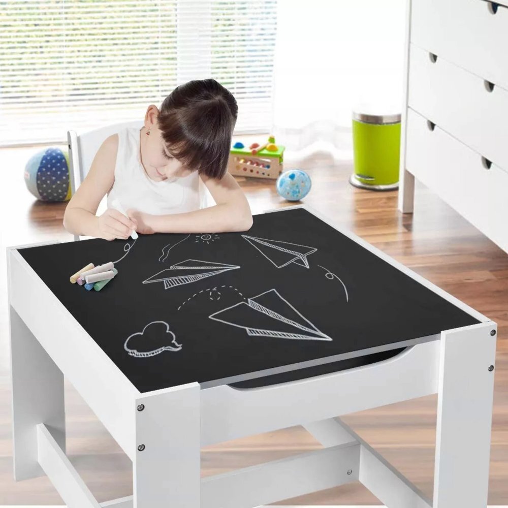 Ginger Home Set masuta cu 2 scaunele din lemn cu spatiu de depozitare si tabla AlbGri