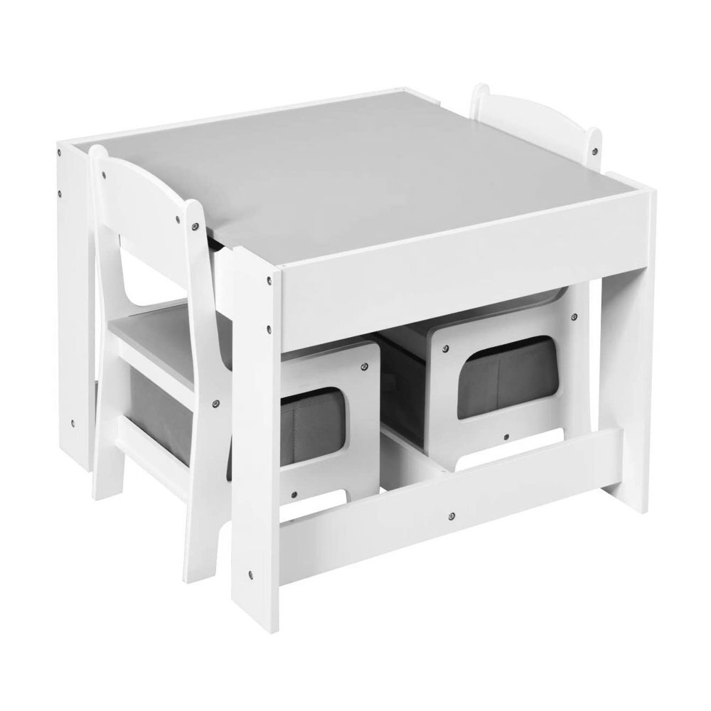 Ginger Home Set masuta cu 2 scaunele din lemn cu spatiu de depozitare si tabla AlbGri