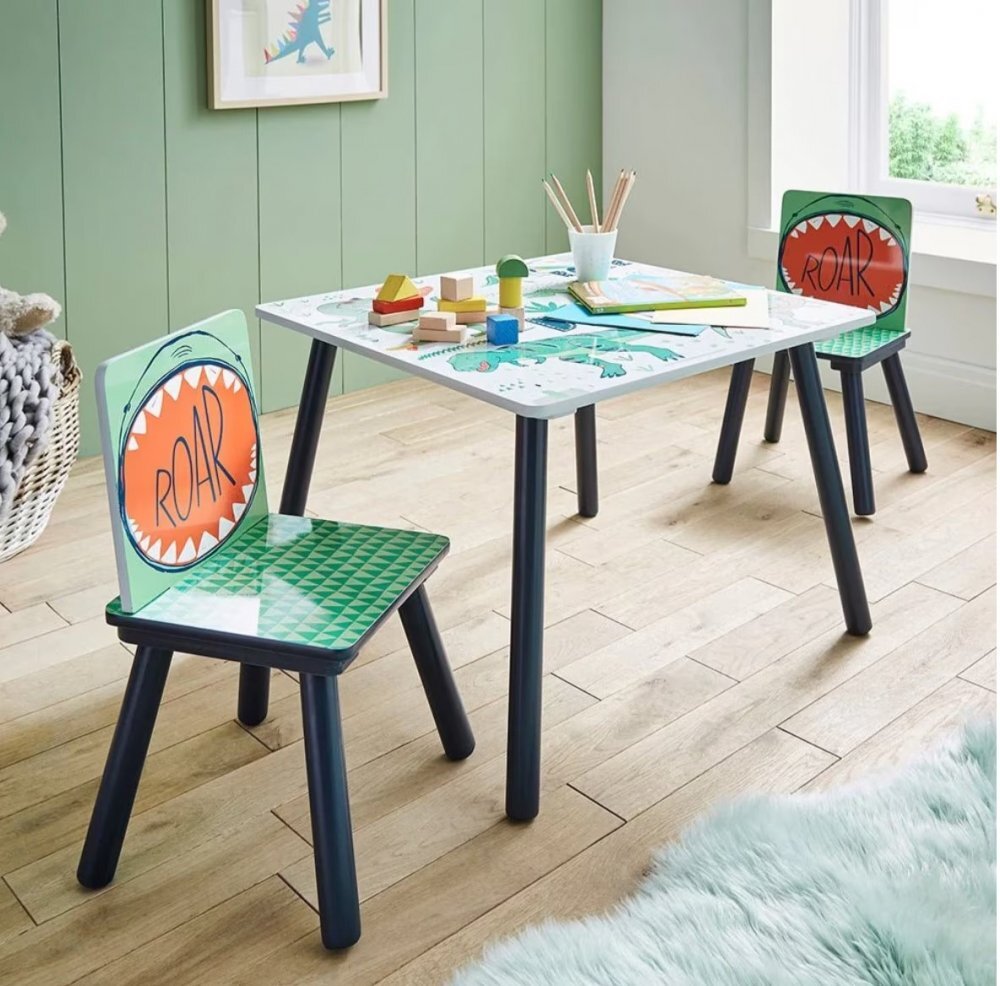 Ginger Home Set masuta cu 2 scaunele din lemn pentru activitati si servire masa Dinosaur