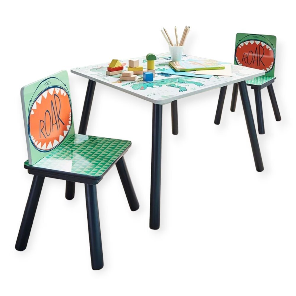 Ginger Home Set masuta cu 2 scaunele din lemn pentru activitati si servire masa Dinosaur