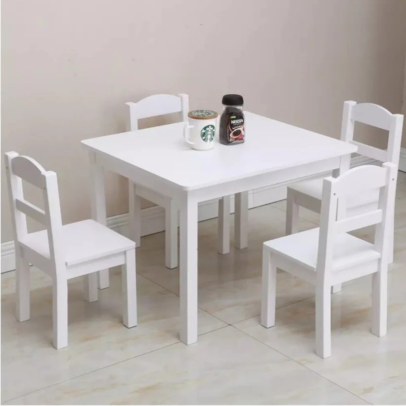 Ginger Home Set masuta cu 4 scaunele din lemn Albmargini rotunjitedesign scandinav elegantpotrivit pentru luat masaactivitatitemegradinitaafter school