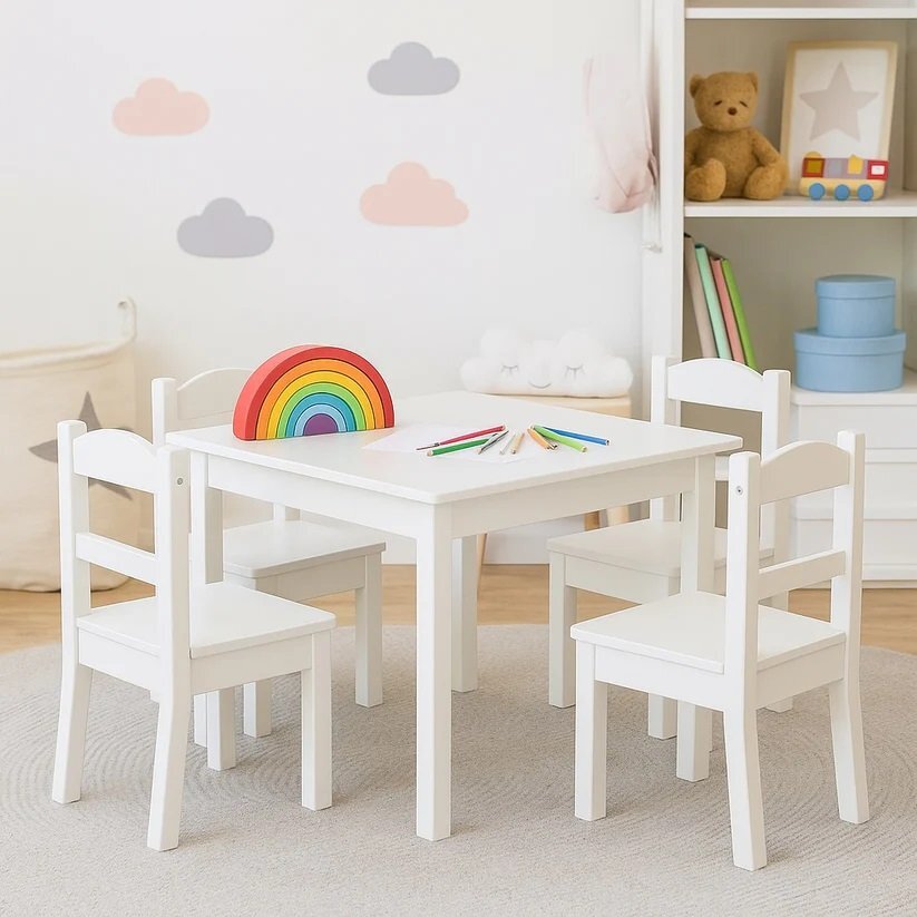 Ginger Home Set masuta cu 4 scaunele din lemn Albmargini rotunjitedesign scandinav elegantpotrivit pentru luat masaactivitatitemegradinitaafter school