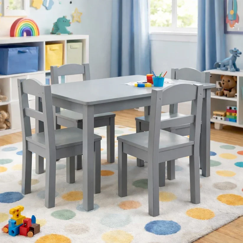 Ginger Home Set masuta cu 4 scaunele din lemn Grimargini rotunjitedesign scandinav elegantpotrivit pentru luat masaactivitatitemegradinitaafter school