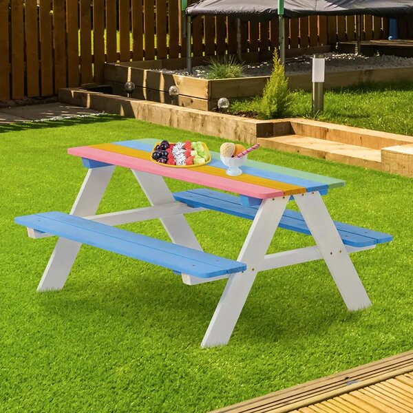 Ginger Home Set masuta cu bancute din lemn pentru copii Rainbow utilizare in gradina curte balcon cat si in interiorul camerei copiilor
