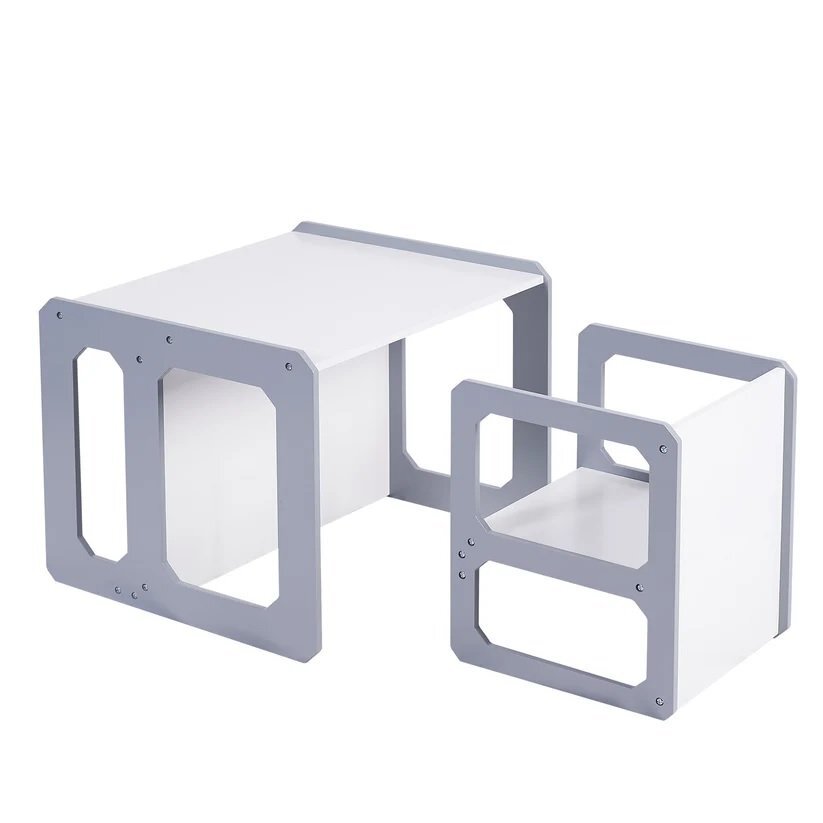 Ginger Home Set masuta cu scaunel tip Montessori bancuta 3in1 AlbGri transformabil material MDFmargini rotunjitesuprafata neteda usor de curatat