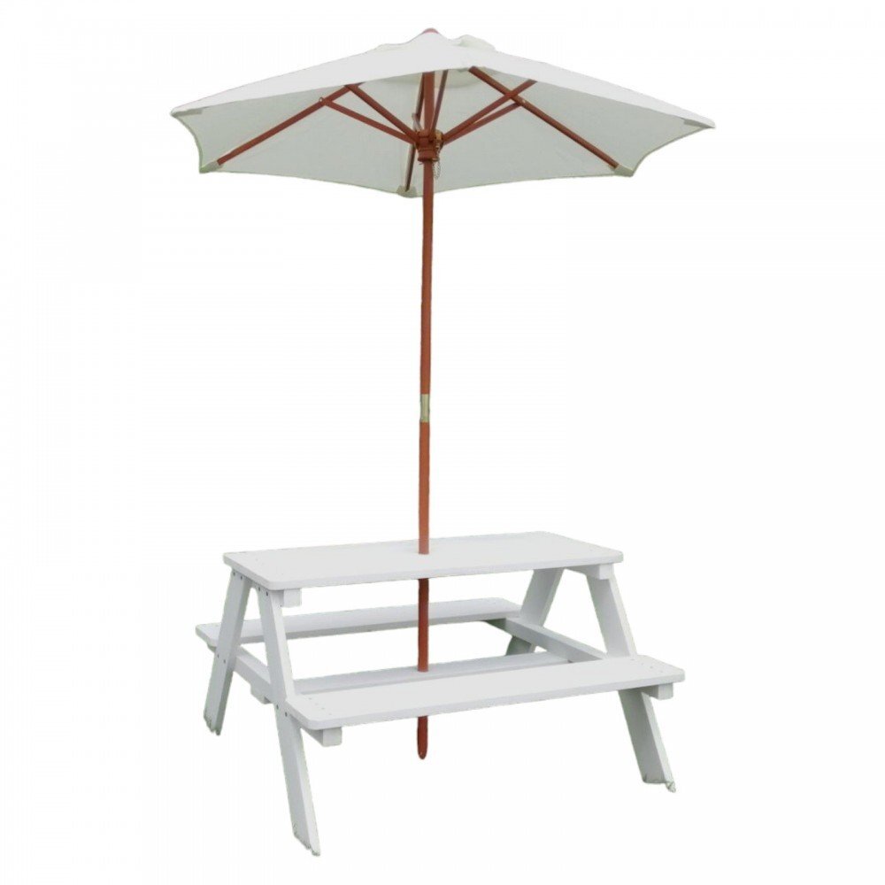 Ginger Home Set masuta de gradina cu bancute din lemn si umbrela Alb