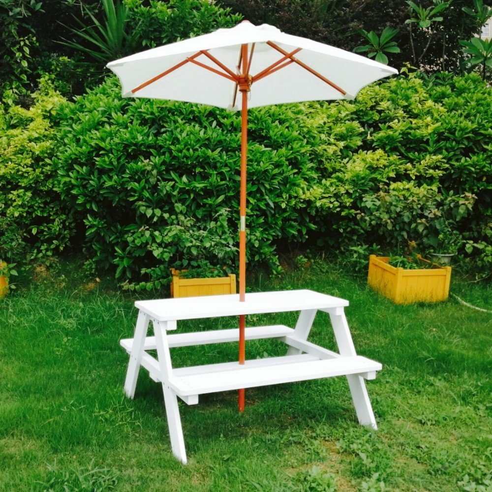 Ginger Home Set masuta de gradina cu bancute din lemn si umbrela Alb