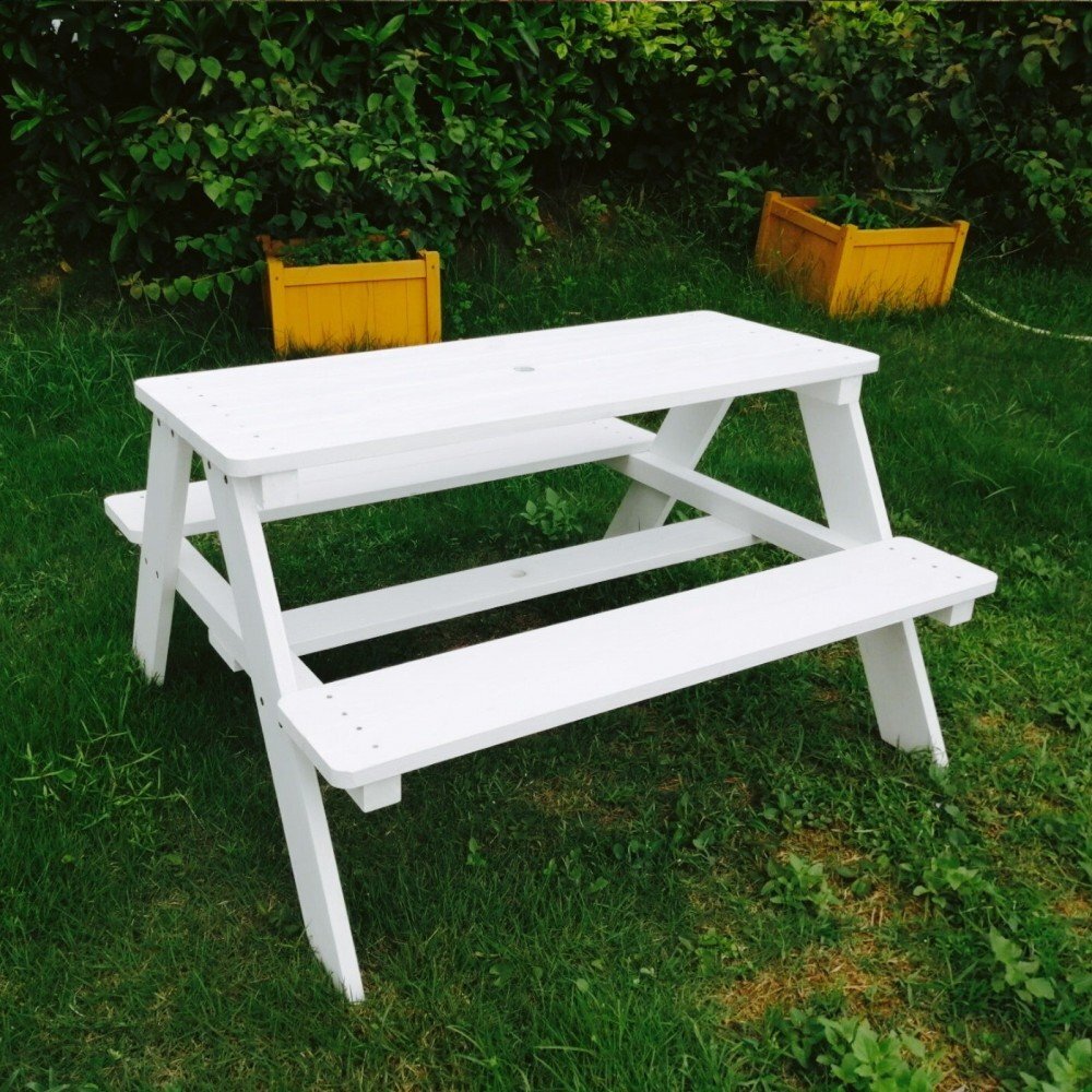 Ginger Home Set masuta de gradina cu bancute din lemn si umbrela Alb