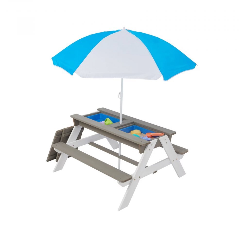 Ginger Home Set masuta de gradina si bancute pentru copii GriAlb 3in1 din lemn Umbrela cu protectie UV si inaltime ajustabila Masuta cu spatiu de depozitare