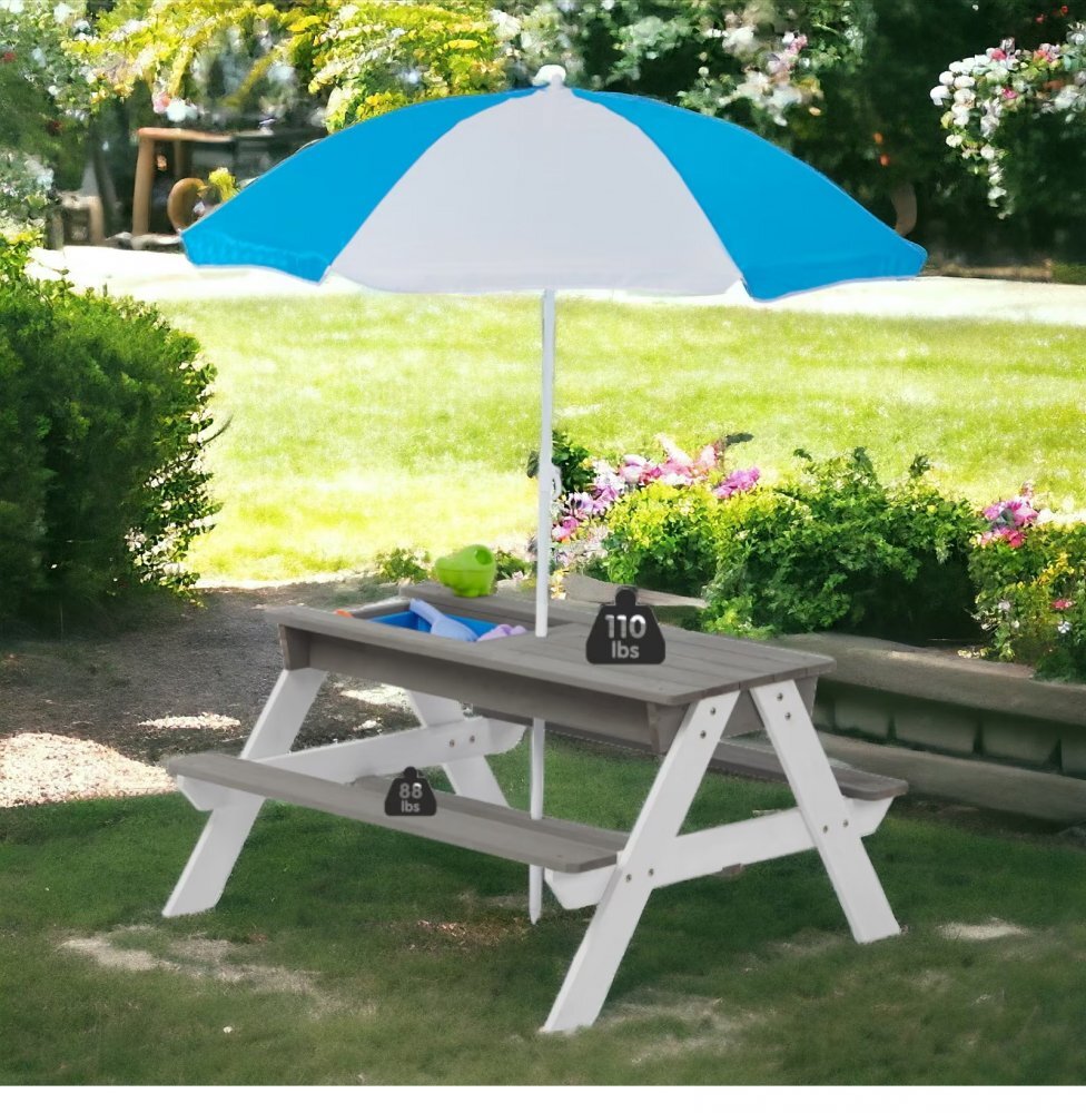 Ginger Home Set masuta de gradina si bancute pentru copii GriAlb 3in1 din lemn Umbrela cu protectie UV si inaltime ajustabila Masuta cu spatiu de depozitare
