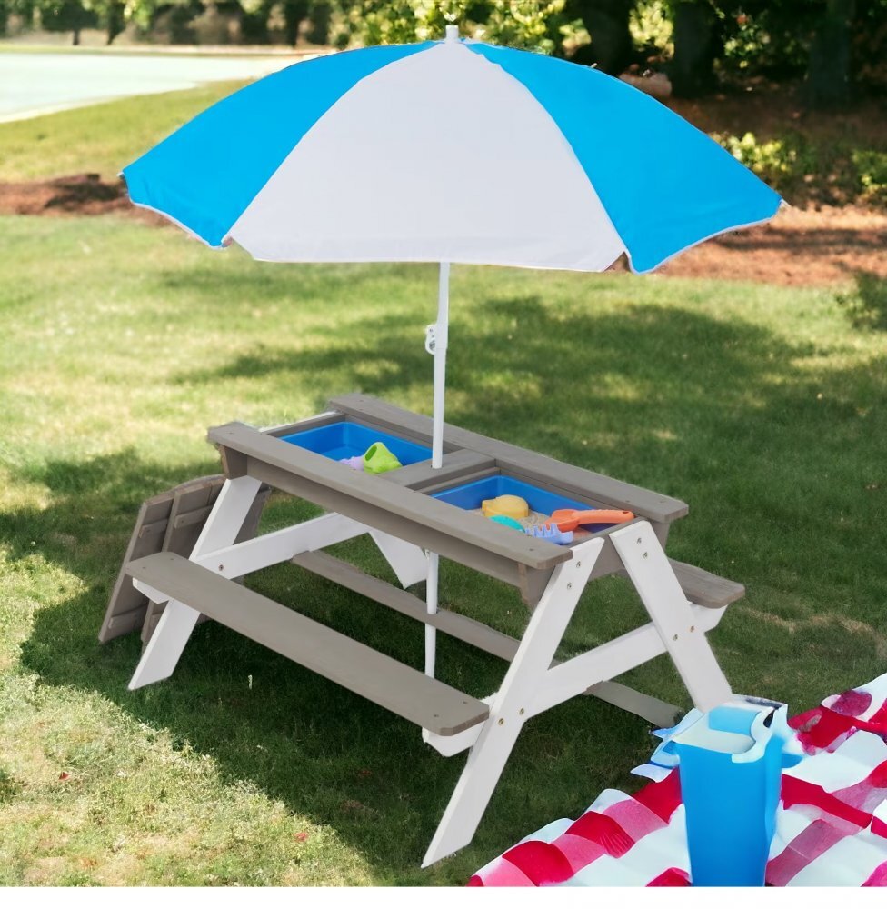 Ginger Home Set masuta de gradina si bancute pentru copii GriAlb 3in1 din lemn Umbrela cu protectie UV si inaltime ajustabila Masuta cu spatiu de depozitare