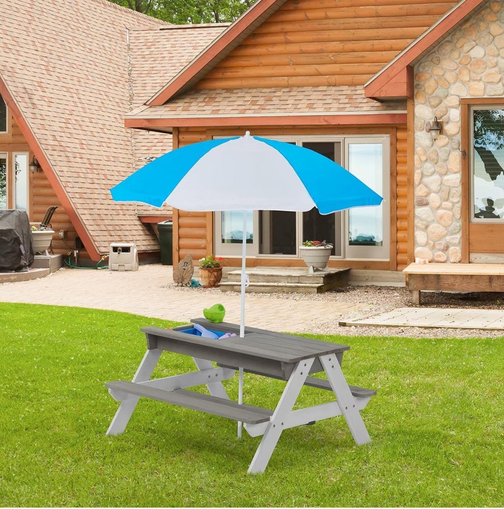 Ginger Home Set masuta de gradina si bancute pentru copii GriAlb 3in1 din lemn Umbrela cu protectie UV si inaltime ajustabila Masuta cu spatiu de depozitare