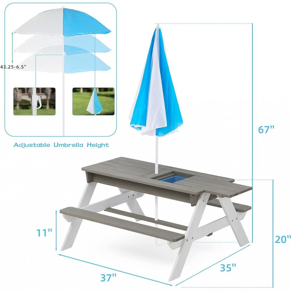 Ginger Home Set masuta de gradina si bancute pentru copii GriAlb 3in1 din lemn Umbrela cu protectie UV si inaltime ajustabila Masuta cu spatiu de depozitare