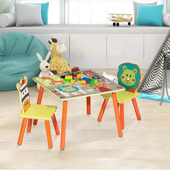 Ginger Home Set masuta si 2 scaunele cu spatar din lemn Safari Margini rotunjitepotrivit pentru activitatitemegradinitaafter schoolgreutate suportata 40kg