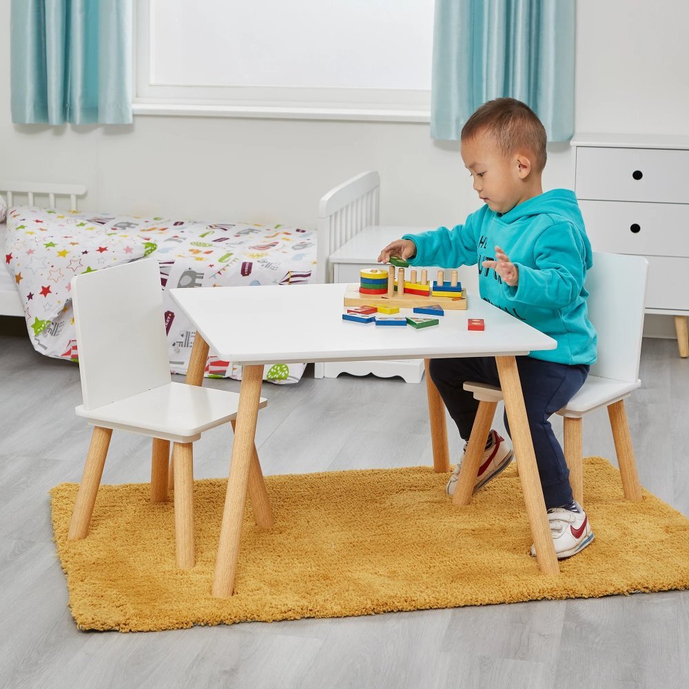 Ginger Home Set masuta si 2 scaunele cu spatar pentru copii AlbNatur din lemnMargini rotunjitepotrivit pentru activitatitemegradinitaafter schoolgreutate suportata 40kg