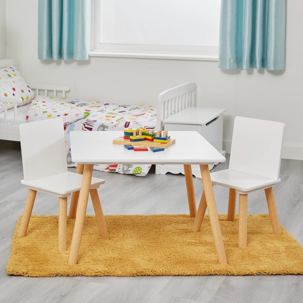 Ginger Home Set masuta si 2 scaunele cu spatar pentru copii AlbNatur din lemnMargini rotunjitepotrivit pentru activitatitemegradinitaafter schoolgreutate suportata 40kg