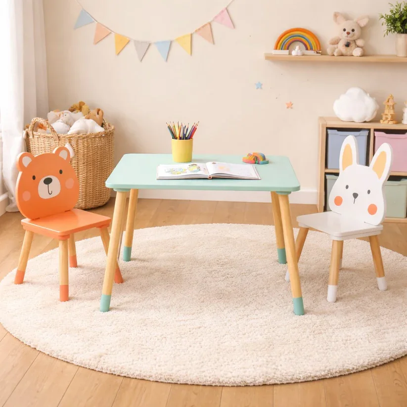 Ginger Home Set masuta si 2 scaunele cu spatar pentru copii Bear and Bunny din lemn margini rotunjitepotrivit pentru activitatiteme gradinita after school greutate suportata 40kg