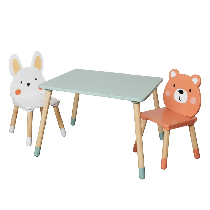 Ginger Home Set masuta si 2 scaunele cu spatar pentru copii Bear and Bunny din lemn margini rotunjitepotrivit pentru activitatiteme gradinita after school greutate suportata 40kg