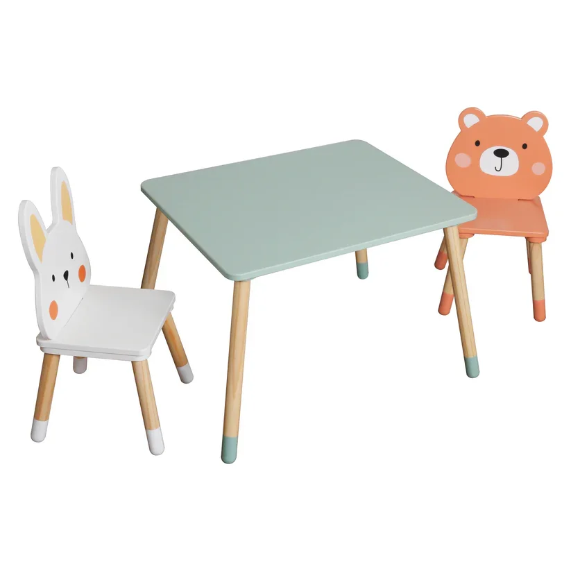 Ginger Home Set masuta si 2 scaunele cu spatar pentru copii Bear and Bunny din lemn margini rotunjitepotrivit pentru activitatiteme gradinita after school greutate suportata 40kg
