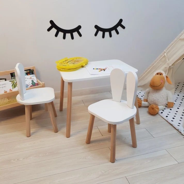 Ginger Home Set masuta si 2 scaunele cu spatar pentru copii Bunny Alb din lemn margini rotunjitepotrivit pentru activitatitemegradinitaafter schoolgreutate suportata 40kg