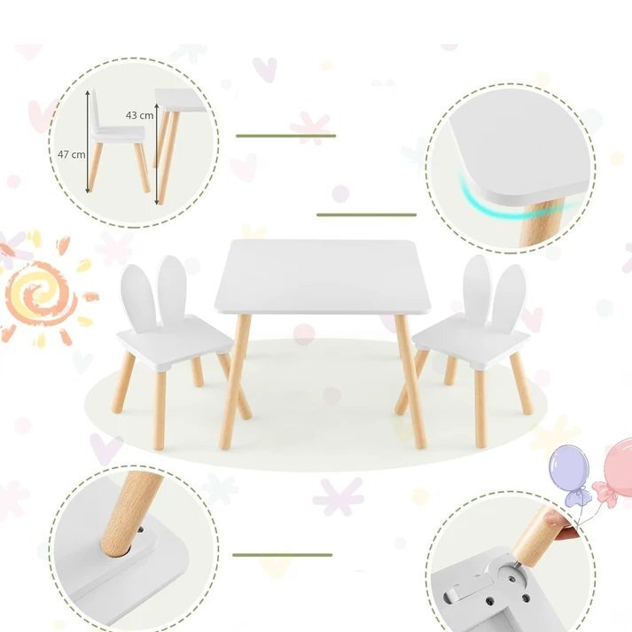 Ginger Home Set masuta si 2 scaunele cu spatar pentru copii Bunny Alb din lemn margini rotunjitepotrivit pentru activitatitemegradinitaafter schoolgreutate suportata 40kg