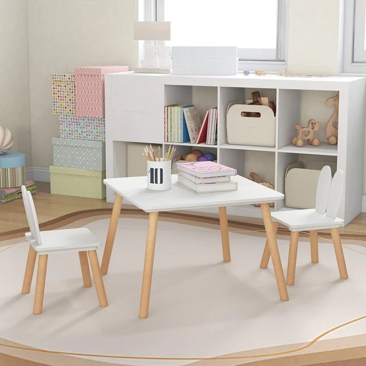 Ginger Home Set masuta si 2 scaunele cu spatar pentru copii Bunny Alb din lemn margini rotunjitepotrivit pentru activitatitemegradinitaafter schoolgreutate suportata 40kg