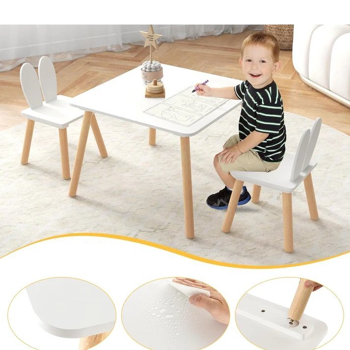 Ginger Home Set masuta si 2 scaunele cu spatar pentru copii Bunny Alb din lemn margini rotunjitepotrivit pentru activitatitemegradinitaafter schoolgreutate suportata 40kg