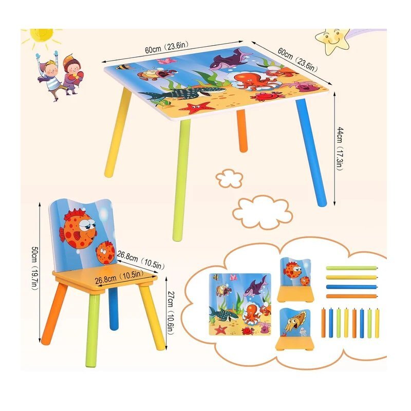 Ginger Home Set masuta si 2 scaunele cu spatar pentru copii Ocean Animals din lemn Margini rotunjitepotrivit pentru activitatitemegradinitaafter schoolgreutate suportata 40kg